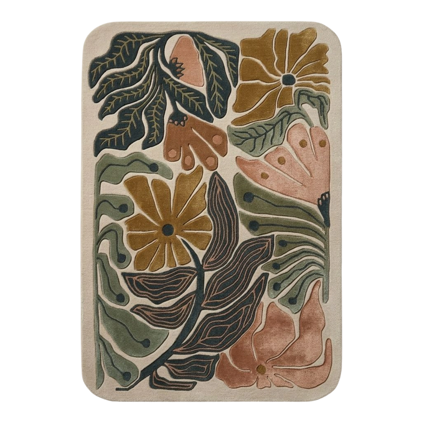 Abstract botanical hand-tufted wool area rug with oversized leaves and earthy tones on ivory background