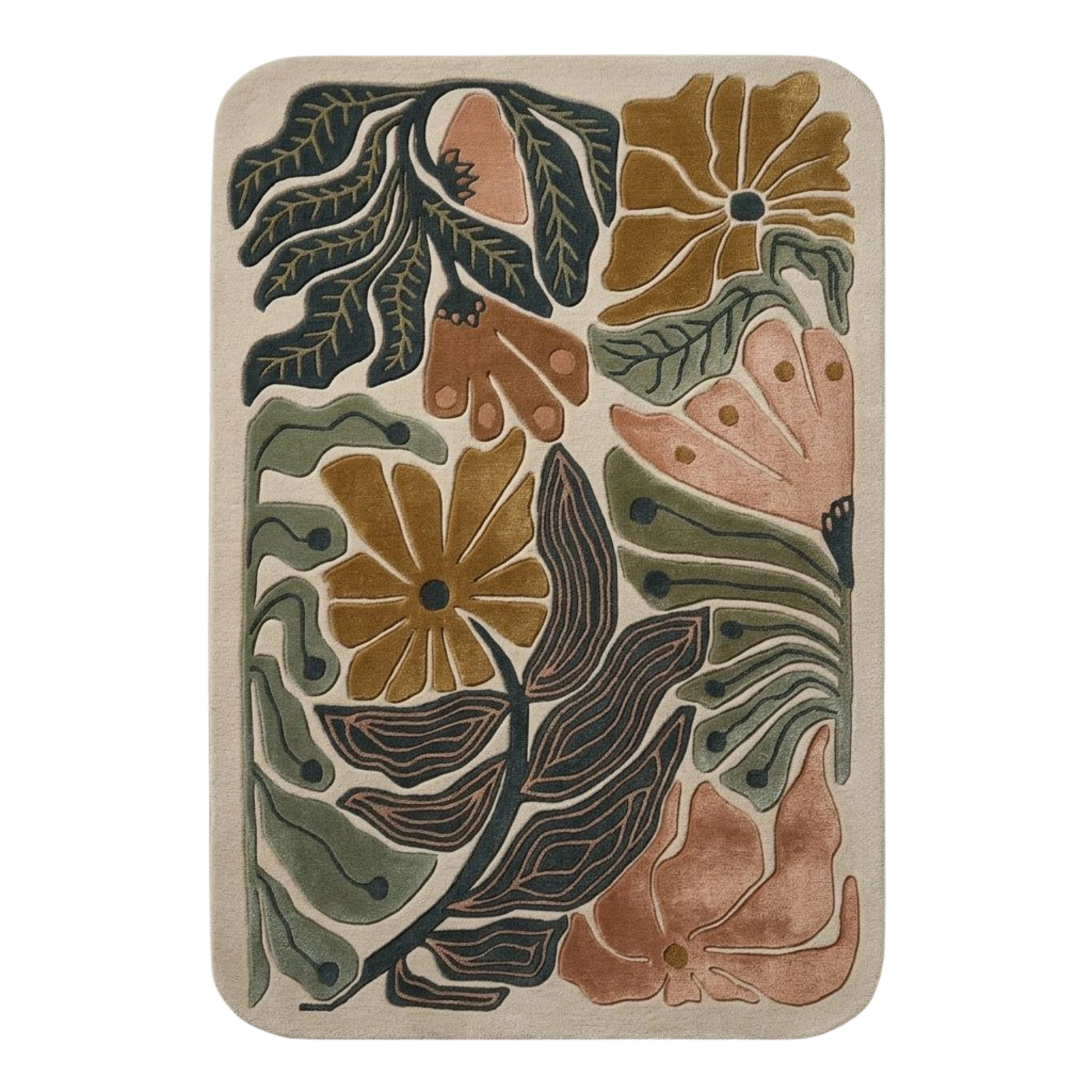Abstract botanical hand-tufted wool area rug with oversized leaves and earthy tones on ivory background