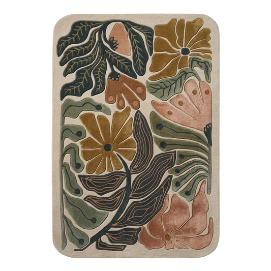 Abstract botanical hand-tufted wool area rug with oversized leaves and earthy tones on ivory background