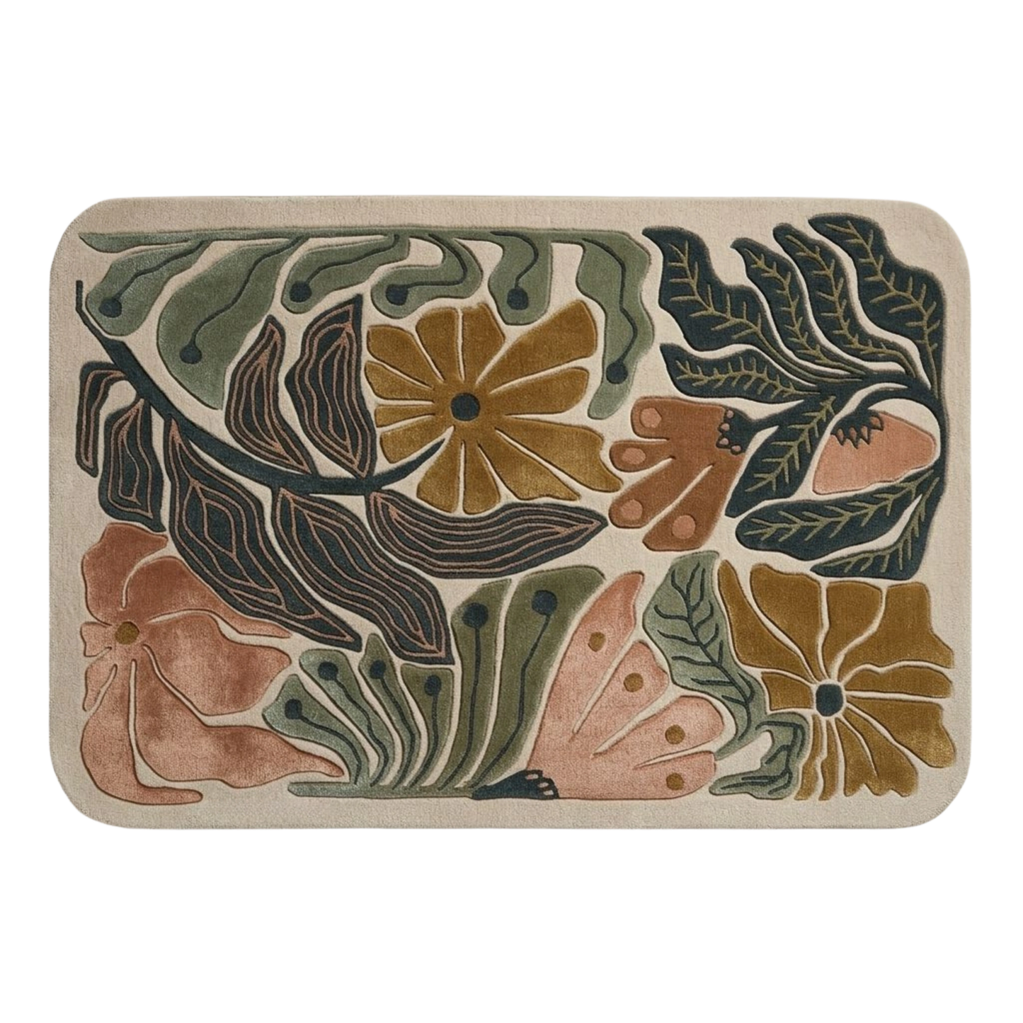 Modern floral wool rug with sculpted green leaves, mustard flowers, and terracotta accents