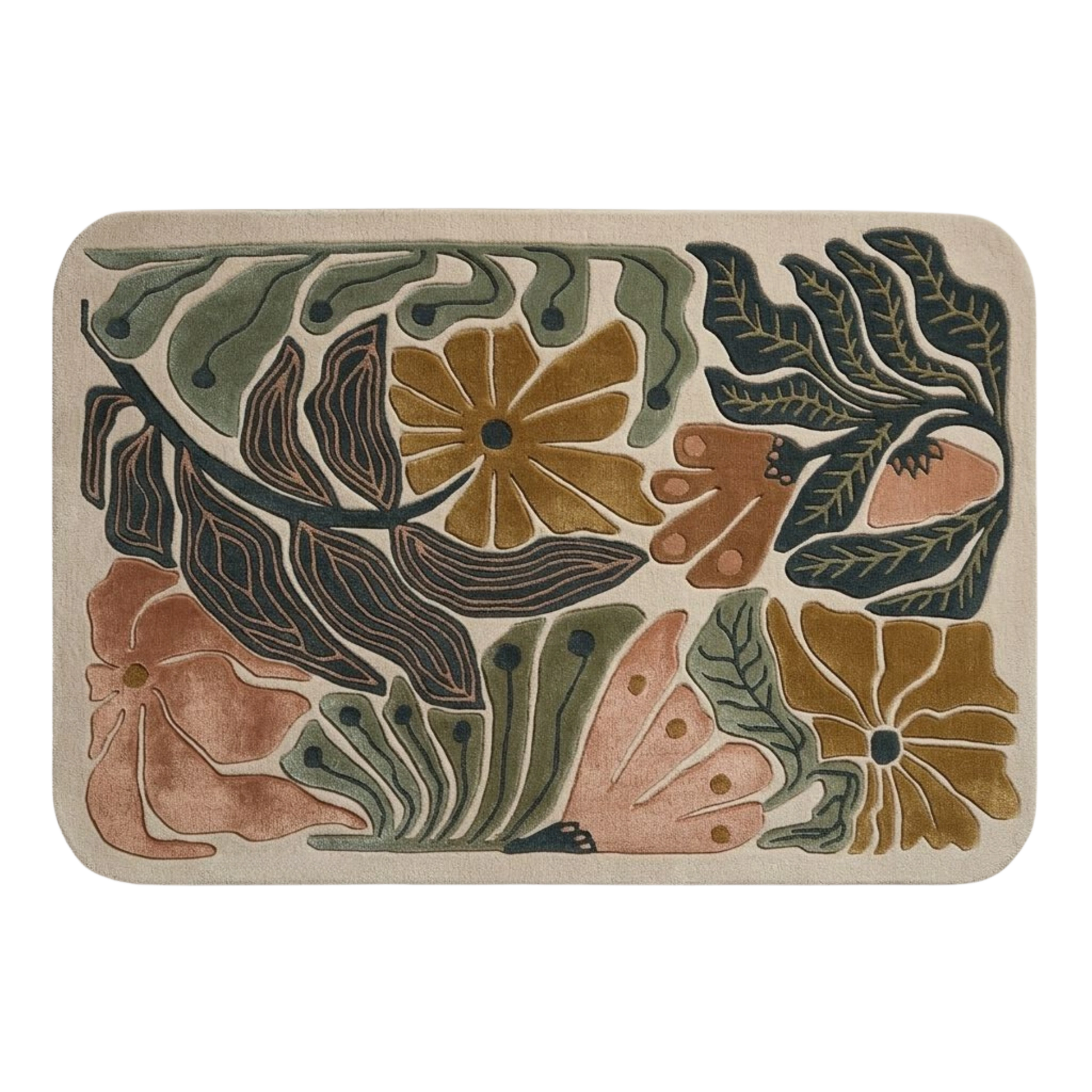 Modern floral wool rug with sculpted green leaves, mustard flowers, and terracotta accents