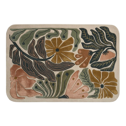 Modern floral wool rug with sculpted green leaves, mustard flowers, and terracotta accents
