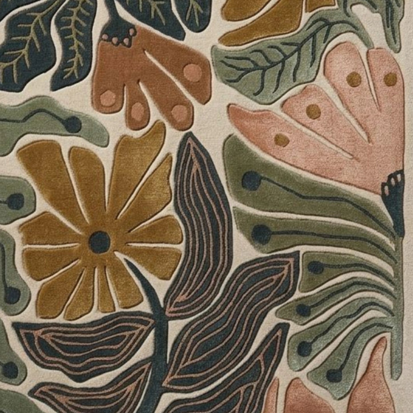 Contemporary botanical hand-tufted rug featuring abstract plant motifs and organic shapes