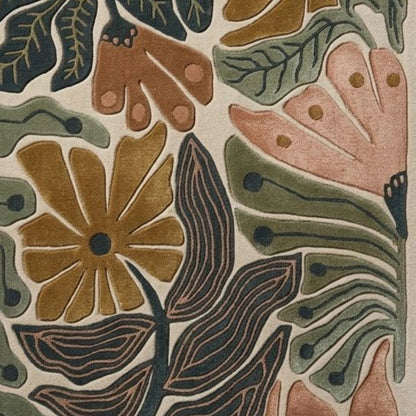 Contemporary botanical hand-tufted rug featuring abstract plant motifs and organic shapes