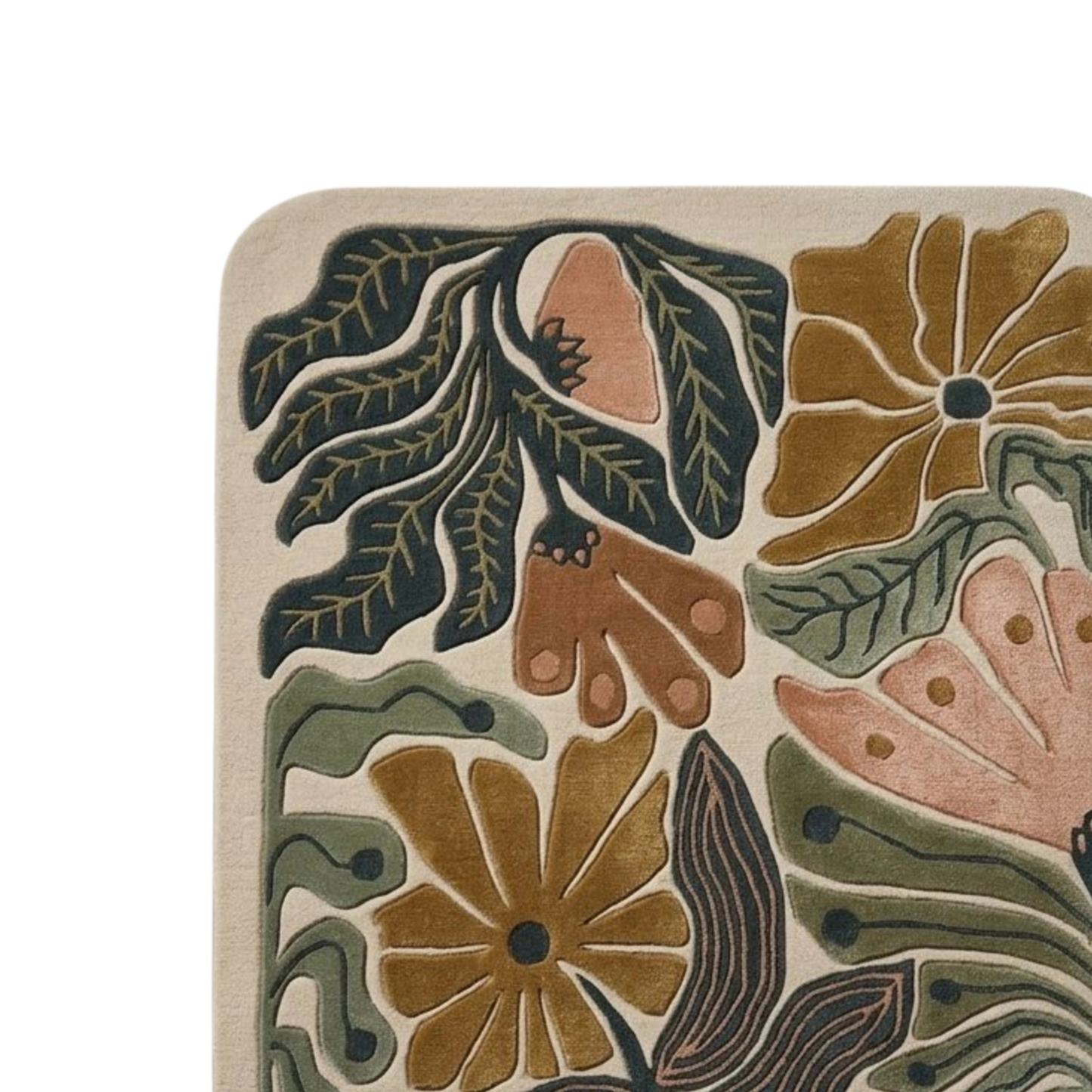 Earth-tone wool area rug with carved leaf patterns and modern floral design