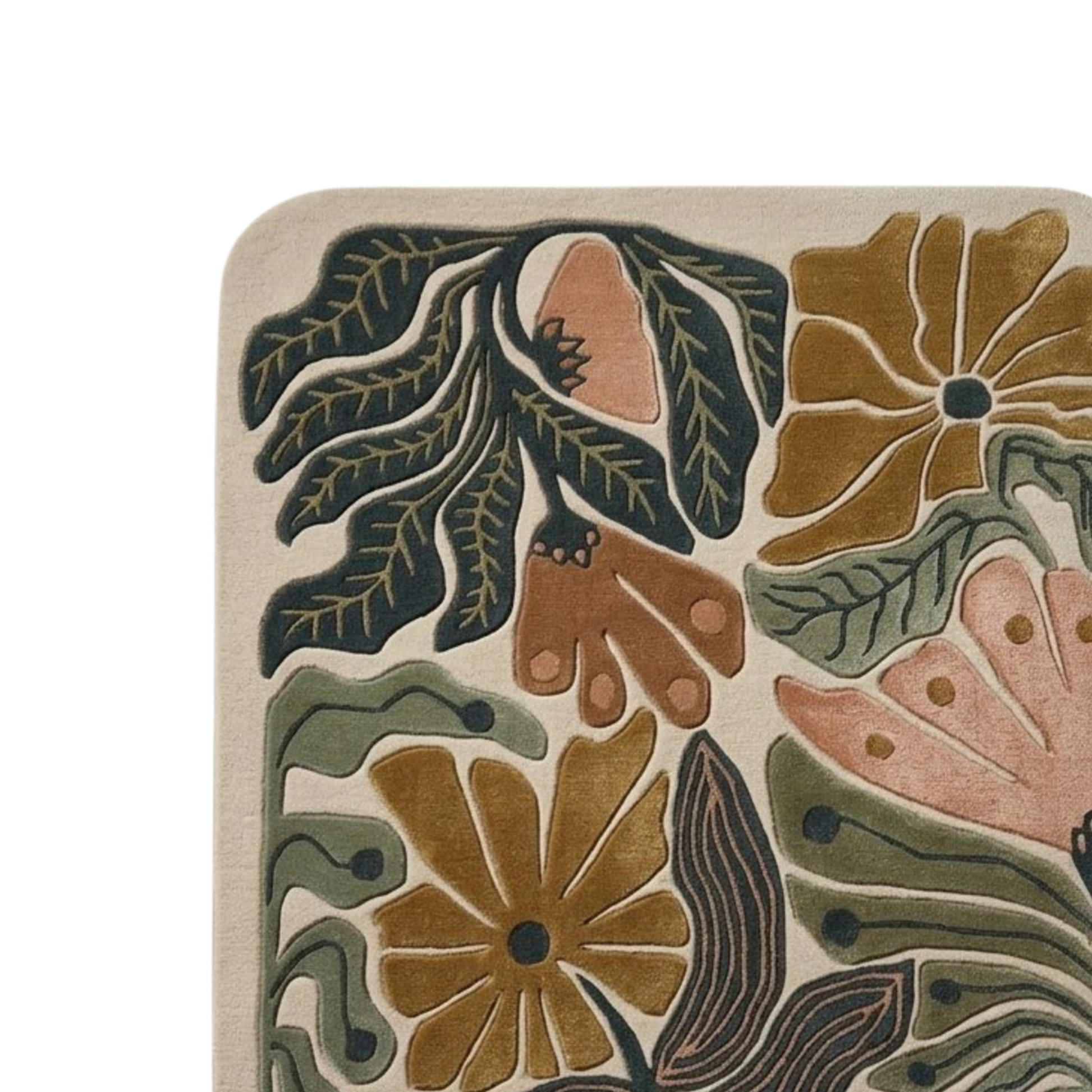 Earth-tone wool area rug with carved leaf patterns and modern floral design