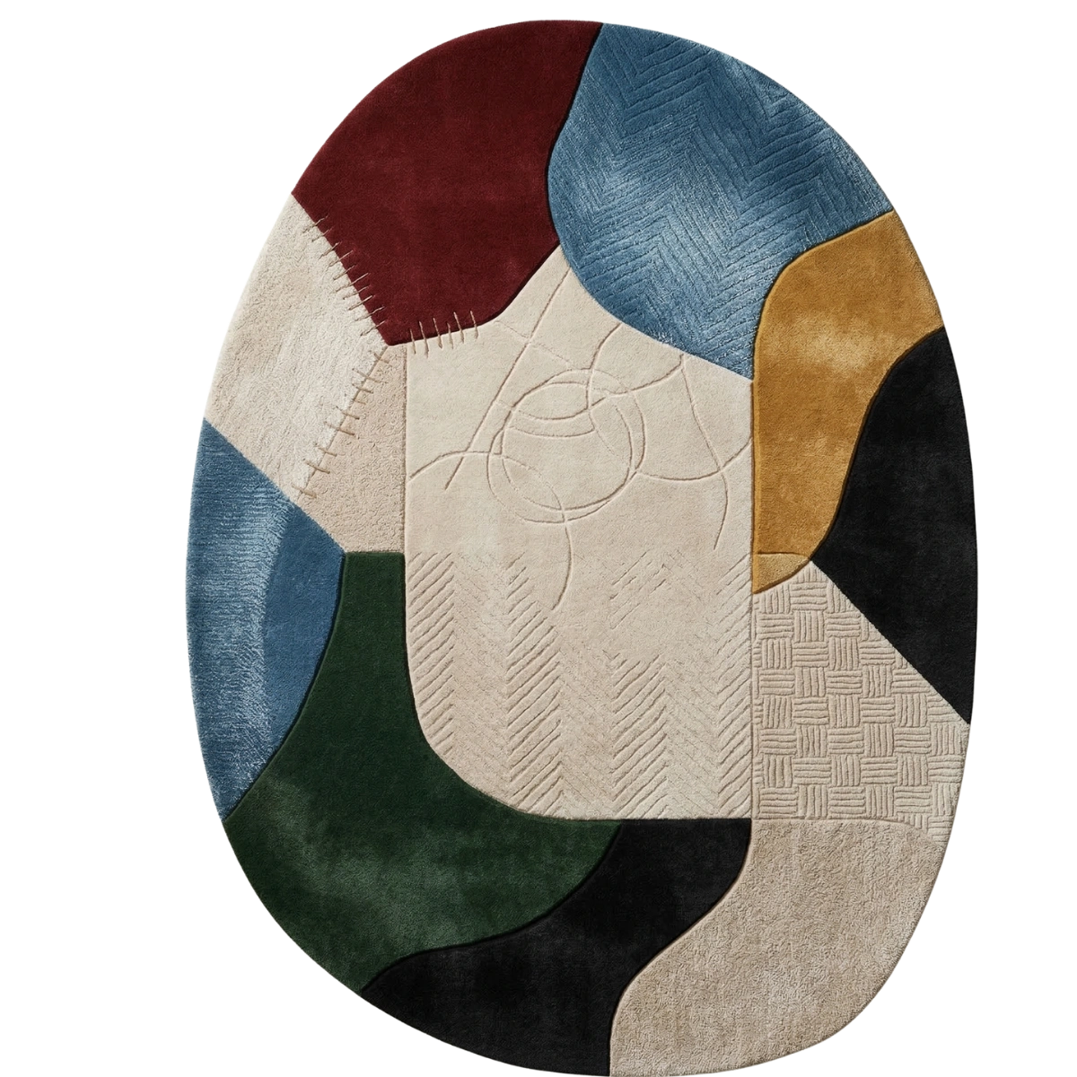 An oval area rug with an abstract patchwork design featuring textured sections of burgundy, blue, beige, mustard, black, green, and cream on a white background.