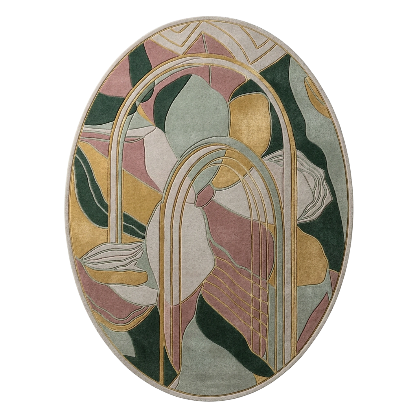 Abstract floral arch hand-tufted wool area rug with sage green, blush pink, and mustard tones