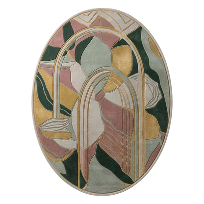 Abstract floral arch hand-tufted wool area rug with sage green, blush pink, and mustard tones
