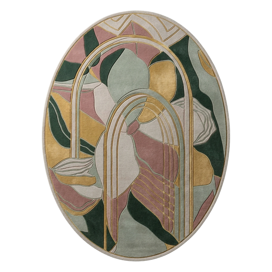 Abstract floral arch hand-tufted wool area rug with sage green, blush pink, and mustard tones