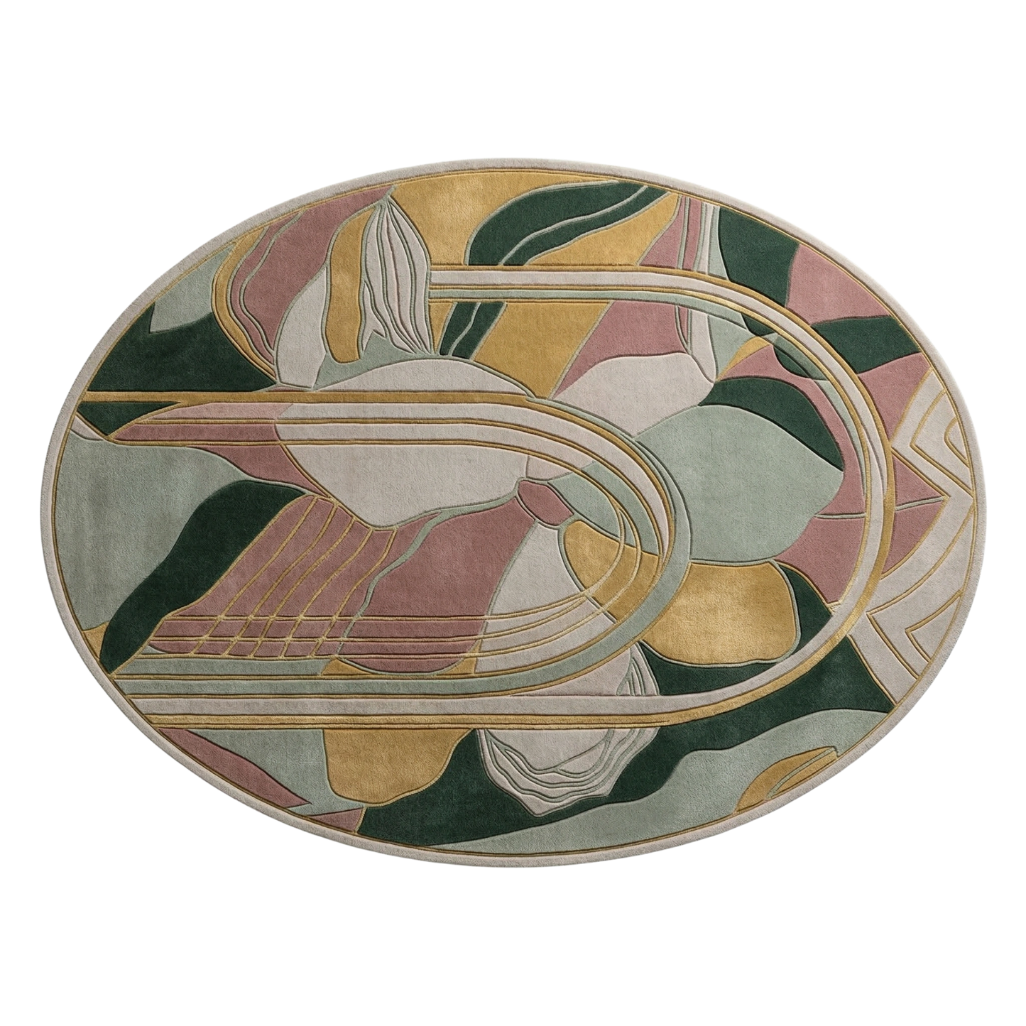Oval modern wool rug with layered arch design and botanical abstract pattern