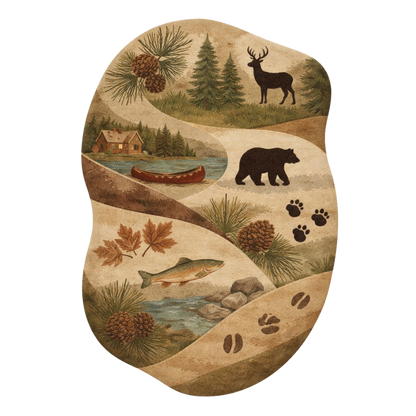 Rustic wildlife hand-tufted wool rug with deer, bear, forest, and lake landscape design