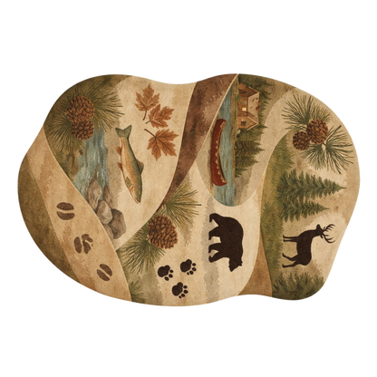 Nature-inspired wool rug with cabin, canoe, pine trees, and animal silhouettes