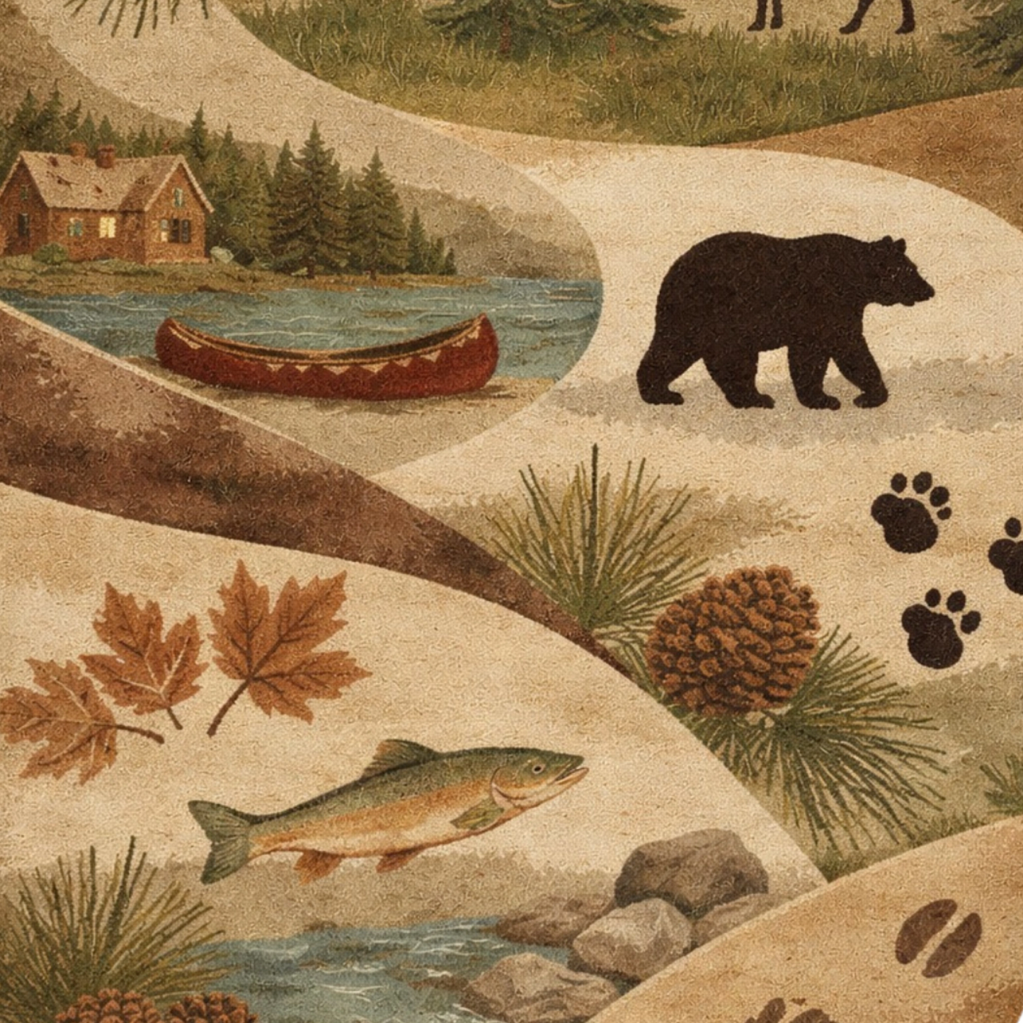Organic shaped wildlife rug with forest scenes and earthy tones for rustic interiors