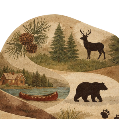 Hand-tufted landscape rug featuring woodland animals, pinecones, and natural textures