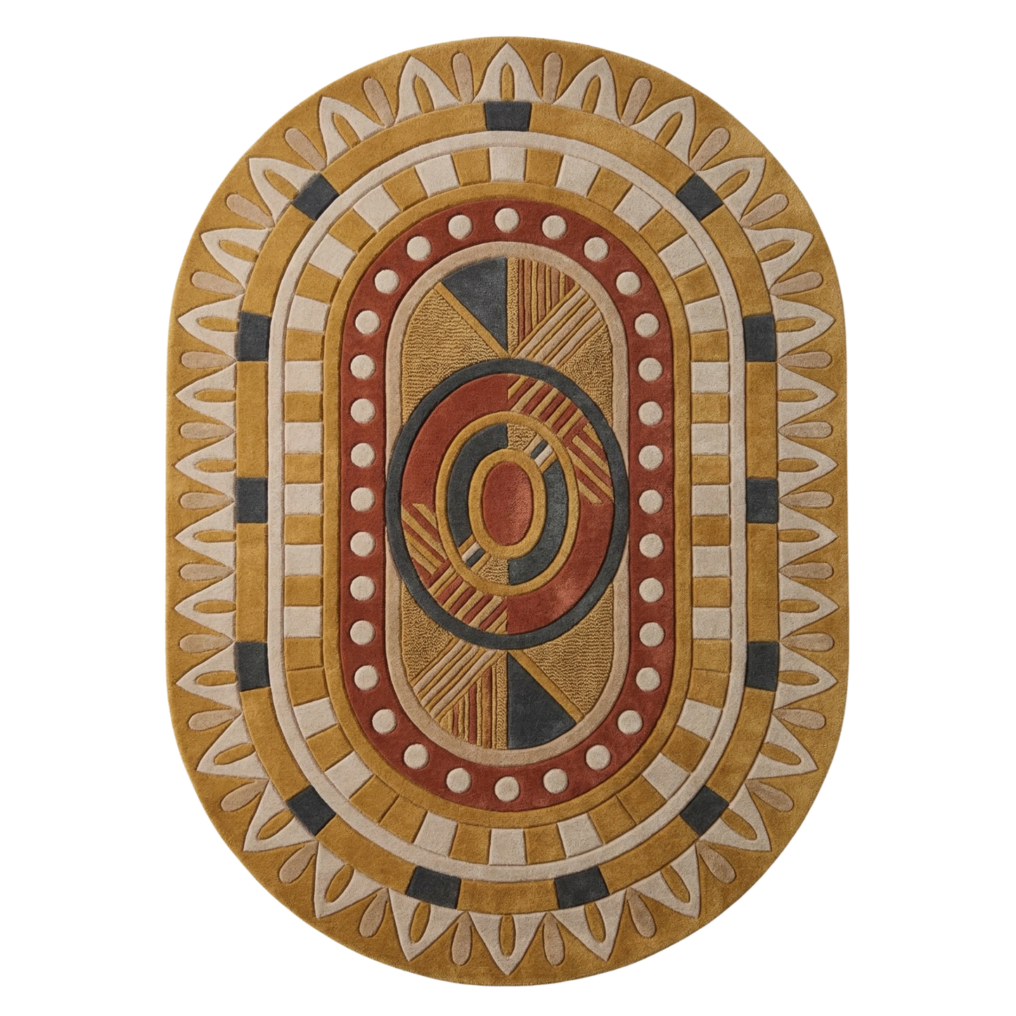 Tribal geometric oval hand-tufted wool rug with mustard, terracotta, and ivory concentric patterns