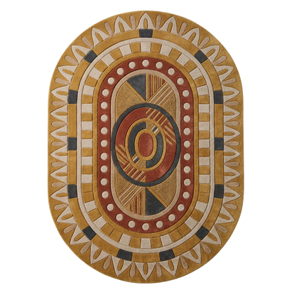 Tribal geometric oval hand-tufted wool rug with mustard, terracotta, and ivory concentric patterns