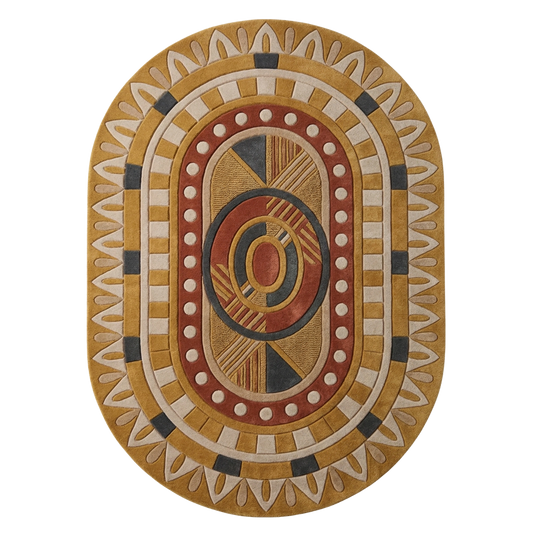 Tribal geometric oval hand-tufted wool rug with mustard, terracotta, and ivory concentric patterns