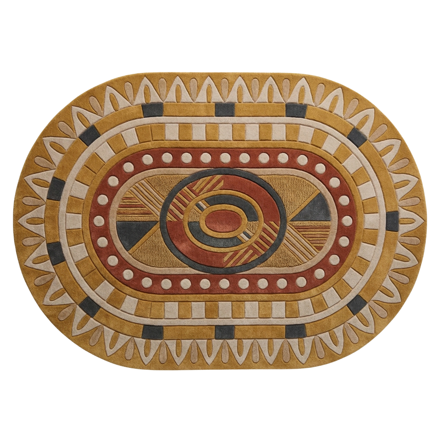 Tribal geometric oval hand-tufted wool rug with mustard, terracotta, and ivory concentric patterns