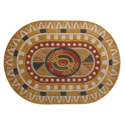 Tribal geometric oval hand-tufted wool rug with mustard, terracotta, and ivory concentric patterns