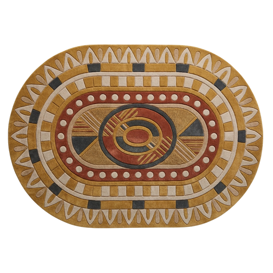 Tribal geometric oval hand-tufted wool rug with mustard, terracotta, and ivory concentric patterns