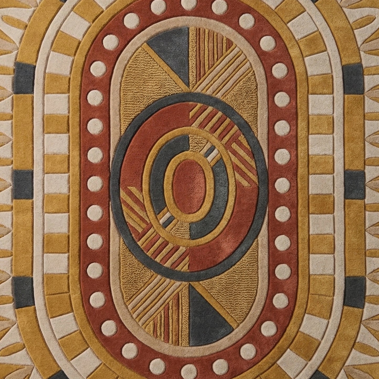 Modern tribal hand-tufted rug with carved geometric rings and earthy color palette