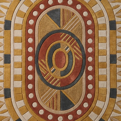 Modern tribal hand-tufted rug with carved geometric rings and earthy color palette