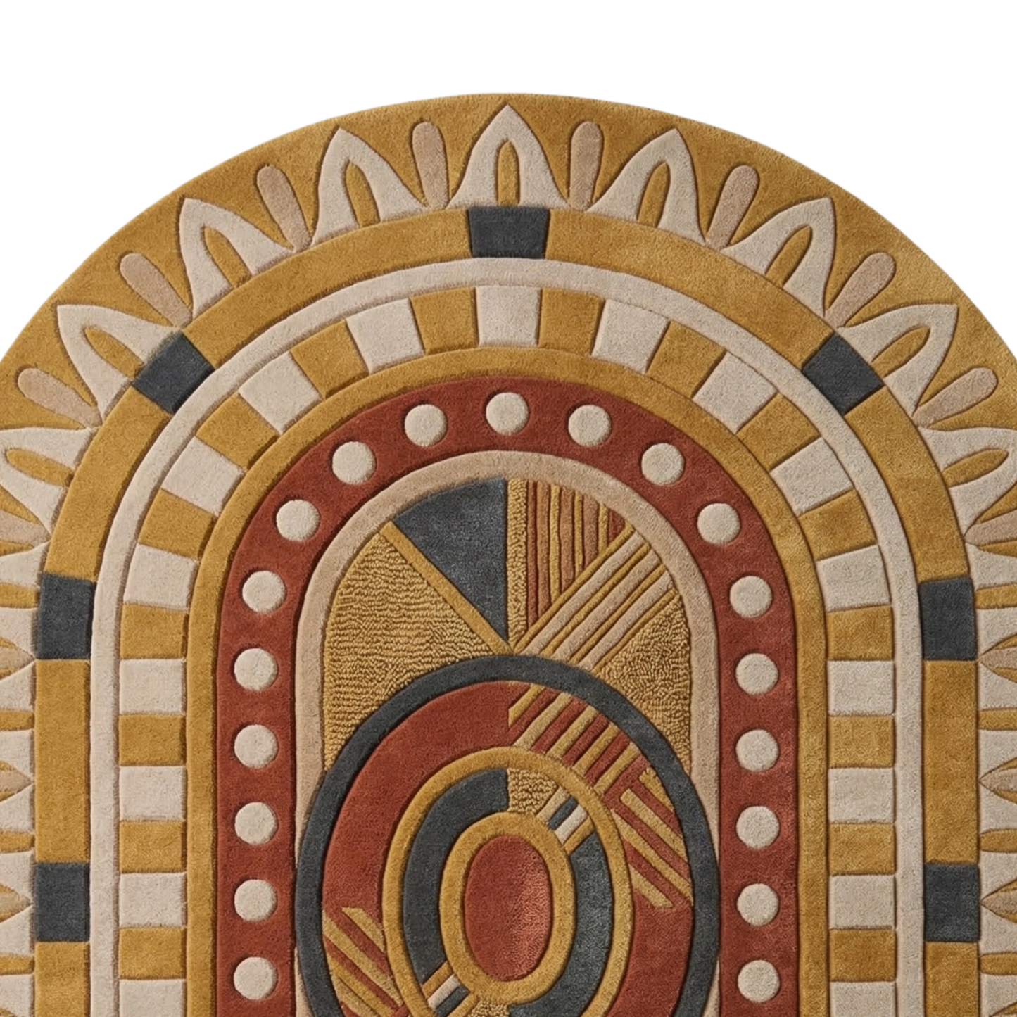 Mustard and terracotta oval rug with symmetrical tribal pattern and sculpted detailing