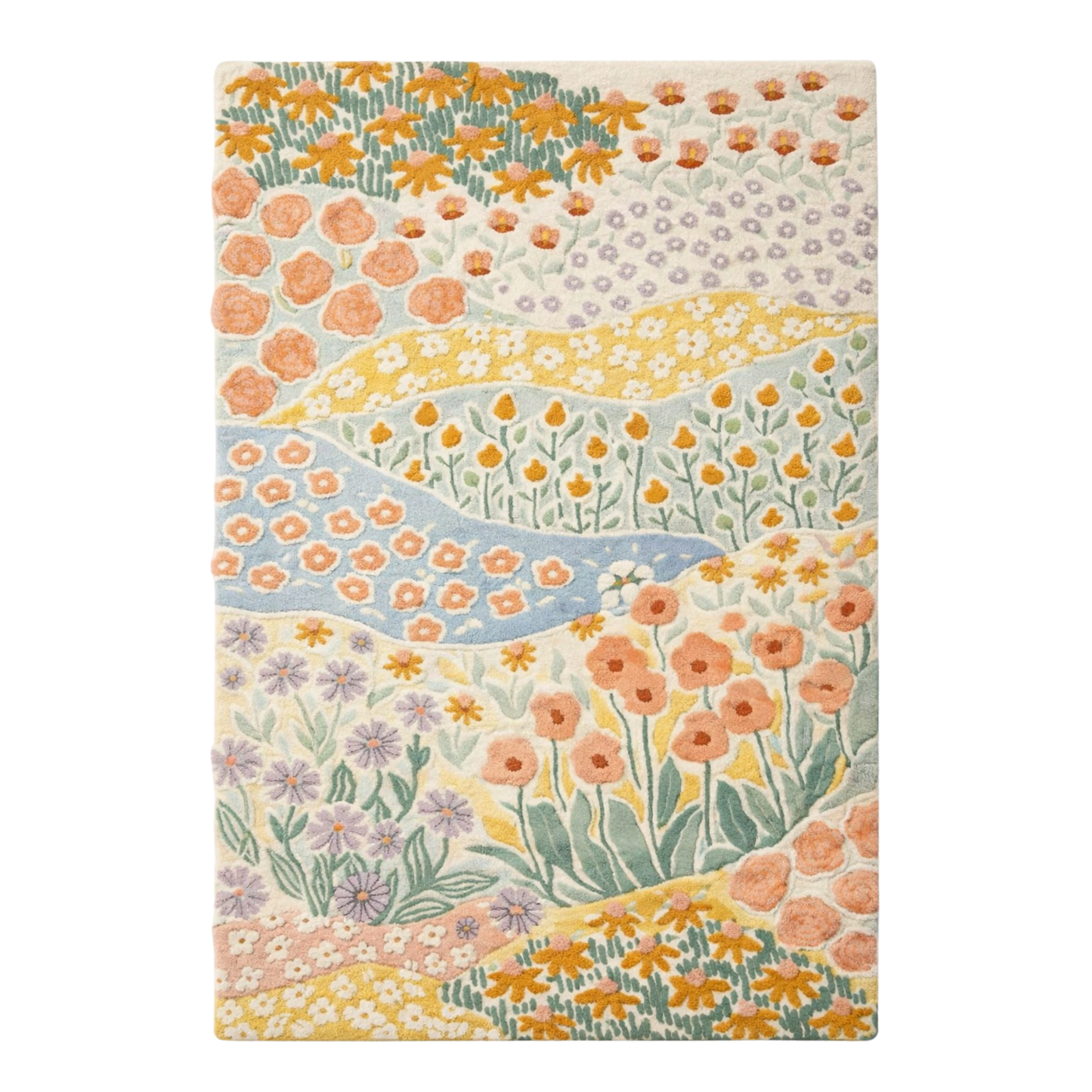 Multicolor wildflower meadow hand tufted wool area rug with pastel tones, floral botanical rug for modern living room and bedroom decor