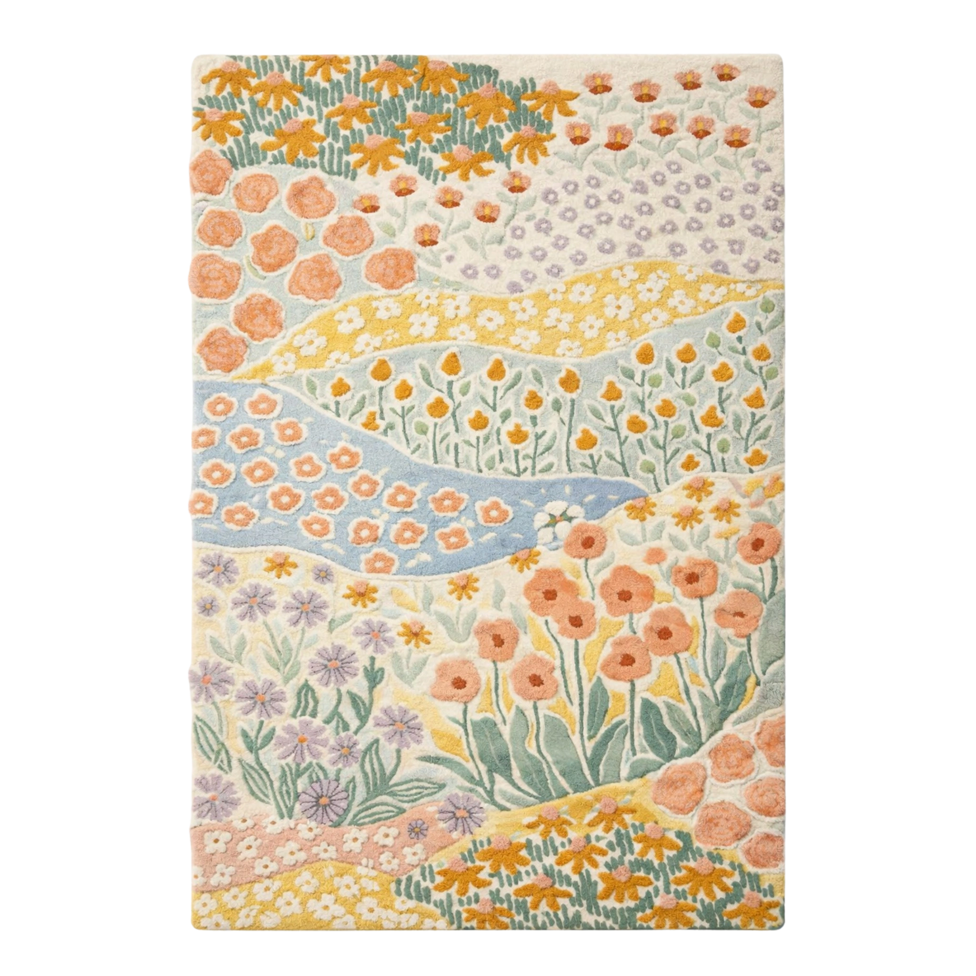 Multicolor wildflower meadow hand tufted wool area rug with pastel tones, floral botanical rug for modern living room and bedroom decor