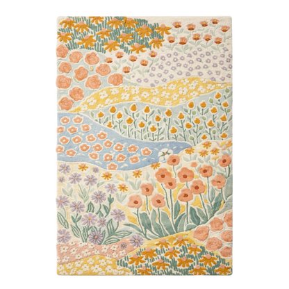 Multicolor wildflower meadow hand tufted wool area rug with pastel tones, floral botanical rug for modern living room and bedroom decor