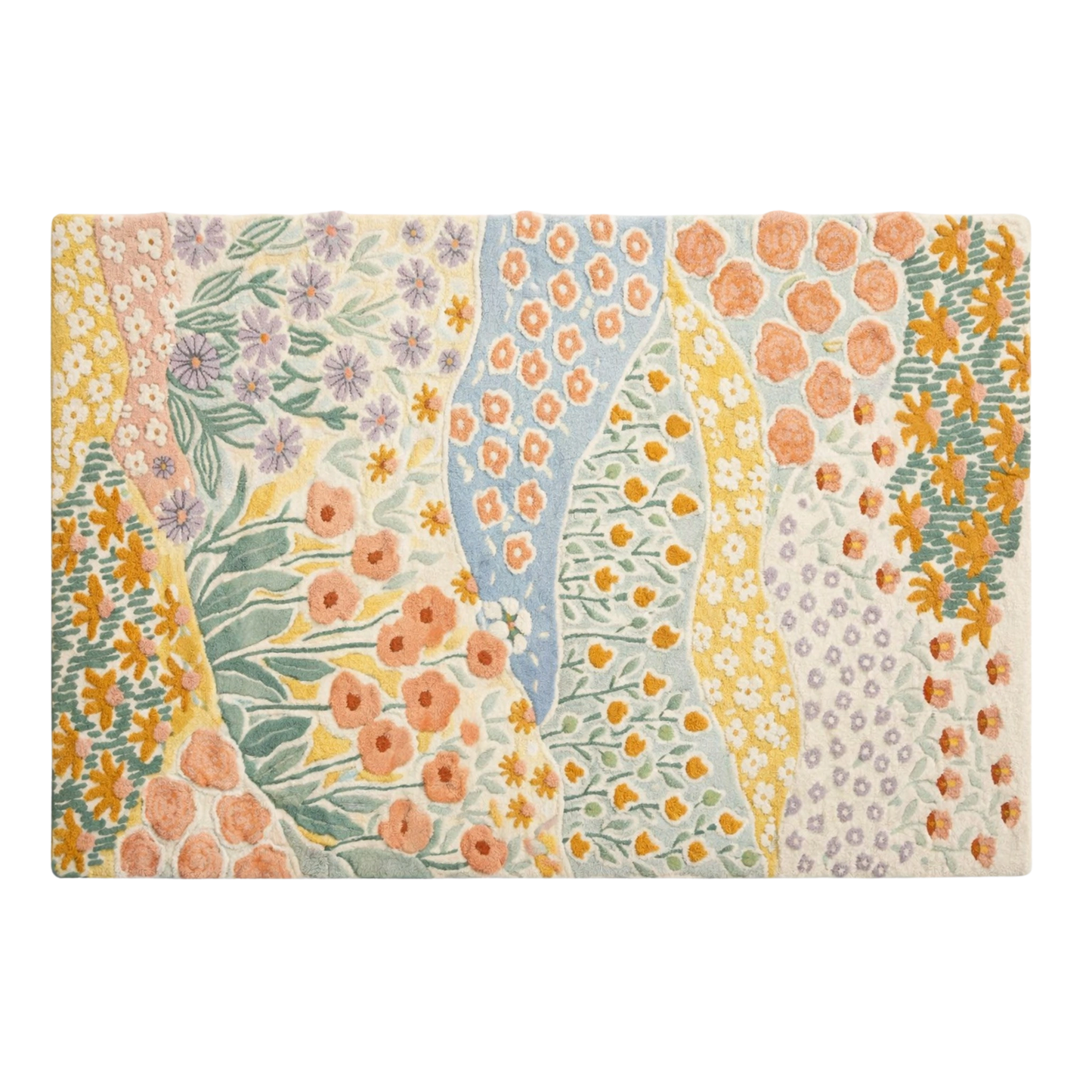 Pastel floral hand tufted wool rug with meadow design, soft textured area rug for cozy living room, nursery and farmhouse interiors