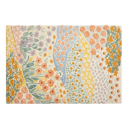 Pastel floral hand tufted wool rug with meadow design, soft textured area rug for cozy living room, nursery and farmhouse interiors