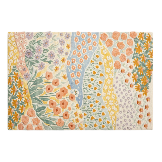 Pastel floral hand tufted wool rug with meadow design, soft textured area rug for cozy living room, nursery and farmhouse interiors