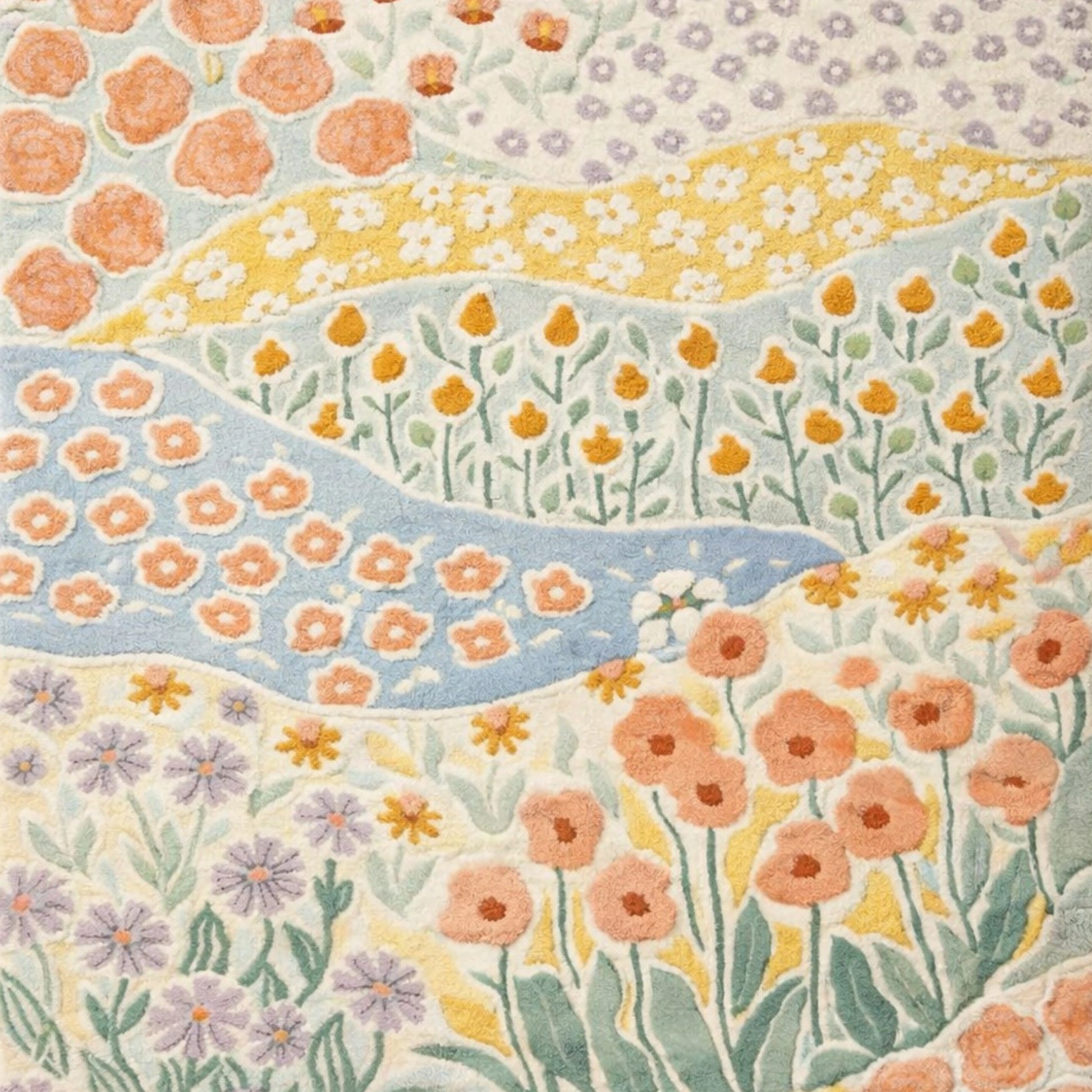Botanical wildflower pattern hand tufted wool area rug in soft pastel colors, modern decorative rug for bedroom and living space