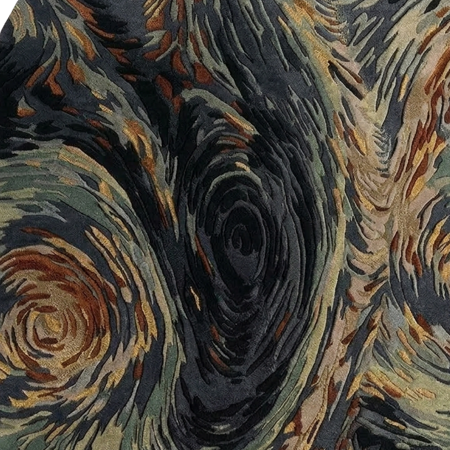 A close-up of a textured area rug featuring a swirling, impressionistic design inspired by Van Gogh's 'Starry Night' in dark charcoal, beige, rust orange, and muted green tones.