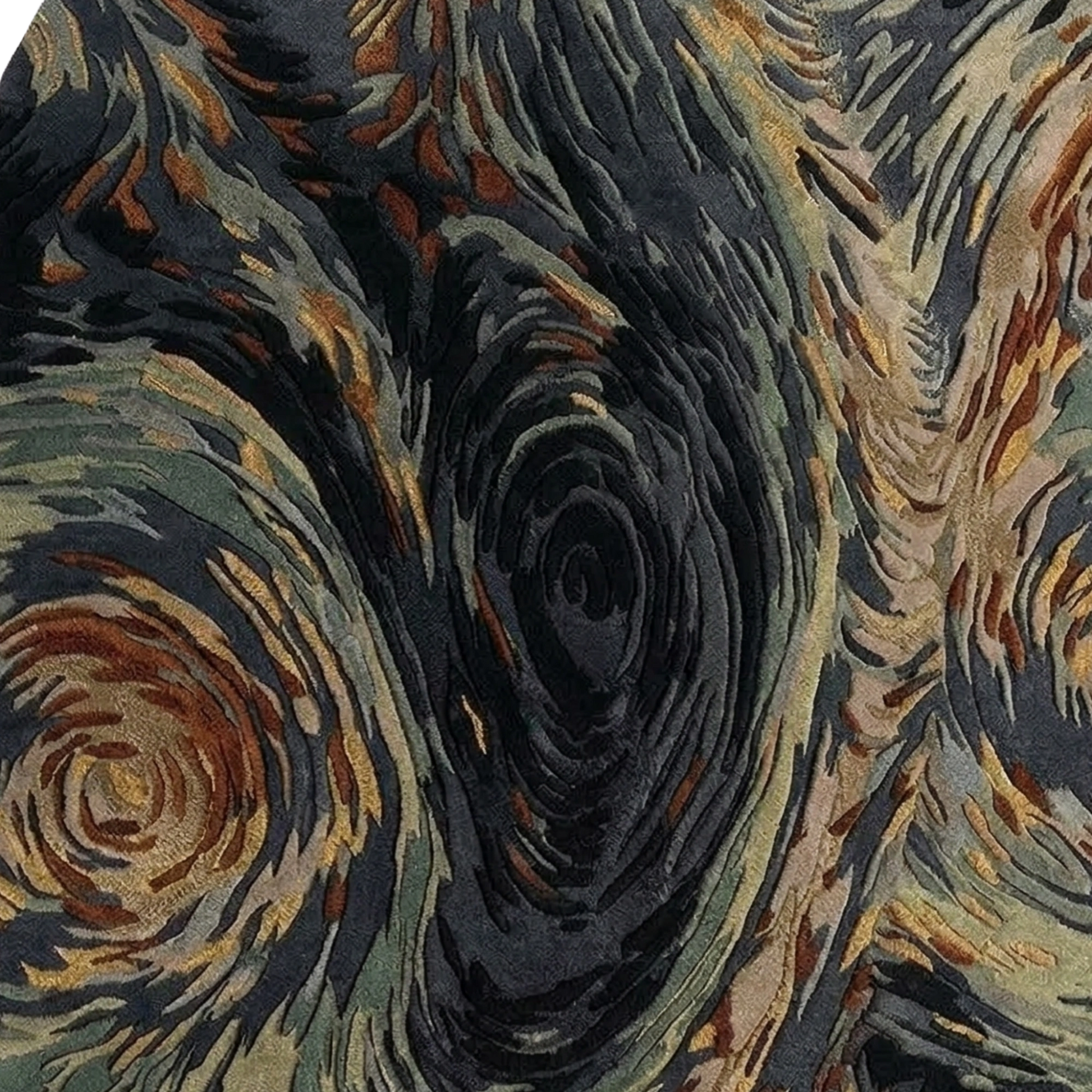 A close-up of a textured area rug featuring a swirling, impressionistic design inspired by Van Gogh's 'Starry Night' in dark charcoal, beige, rust orange, and muted green tones.