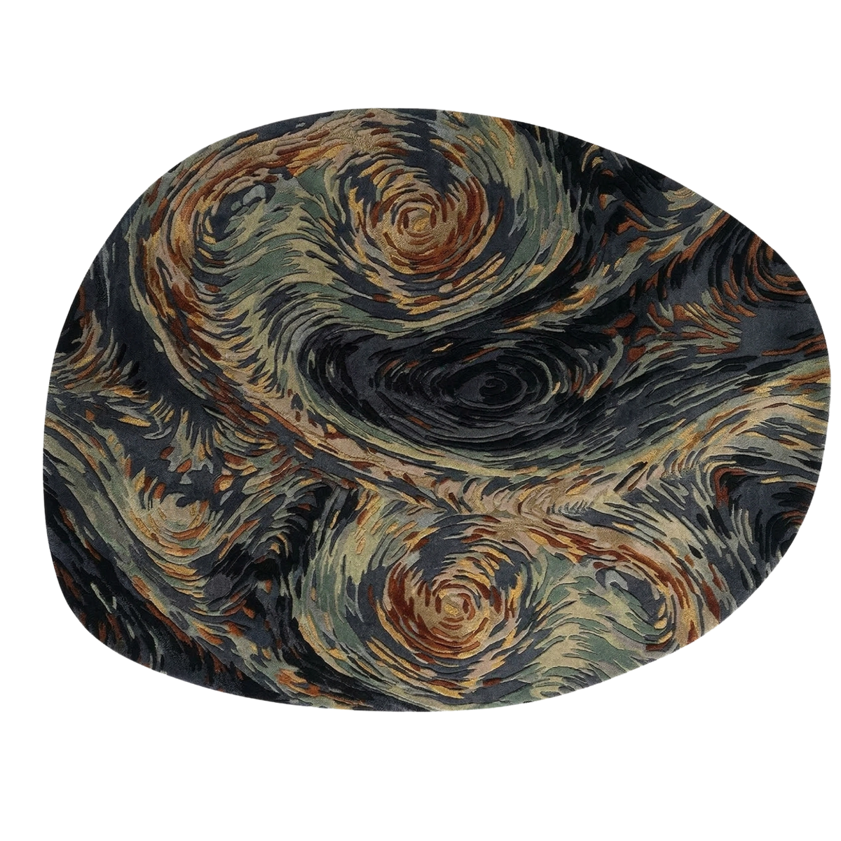 An oval-shaped rug featuring a swirling, impressionistic pattern in dark charcoal, beige, brown, and muted green, resembling a stylized art print.