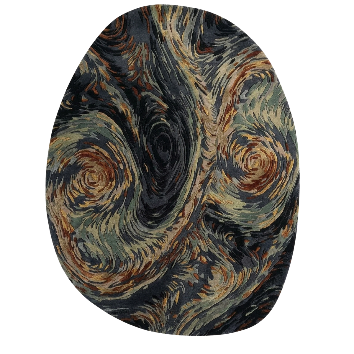 An oval area rug featuring a swirling, impressionistic pattern in dark charcoal, beige, brown, and muted green, isolated on a white background.