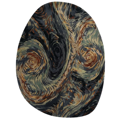 An oval area rug featuring a swirling, impressionistic pattern in dark charcoal, beige, brown, and muted green, isolated on a white background.