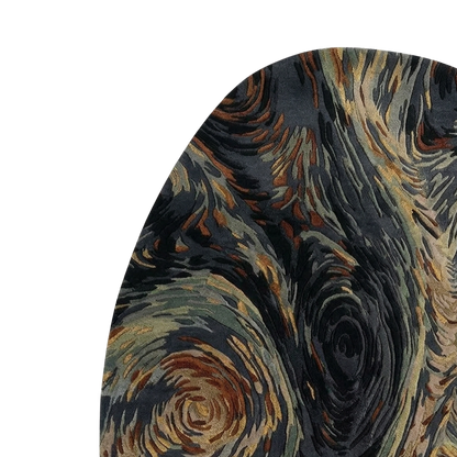 A close-up of a curved surface featuring a swirling, painterly pattern in dark charcoal, black, beige, and rust brown, shown against a plain white background.