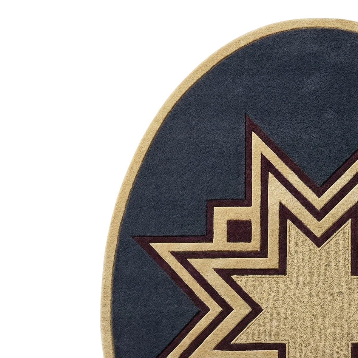 Close-up of a round rug with a navy blue field, a beige border, and a large geometric star motif in beige and dark brown.