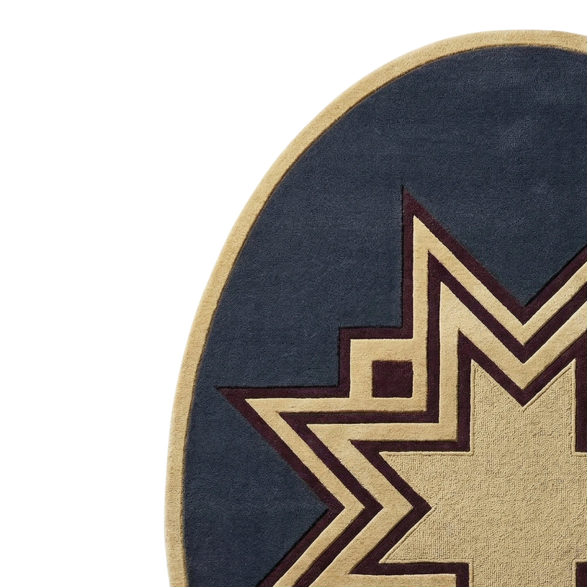 Close-up of a round rug with a navy blue field, a beige border, and a large geometric star motif in beige and dark brown.