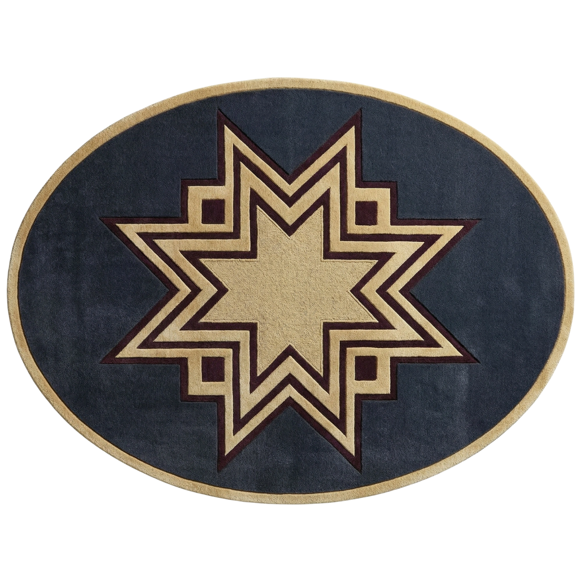 An oval area rug featuring a geometric star pattern in beige and dark brown on a navy blue background, isolated on a white background.