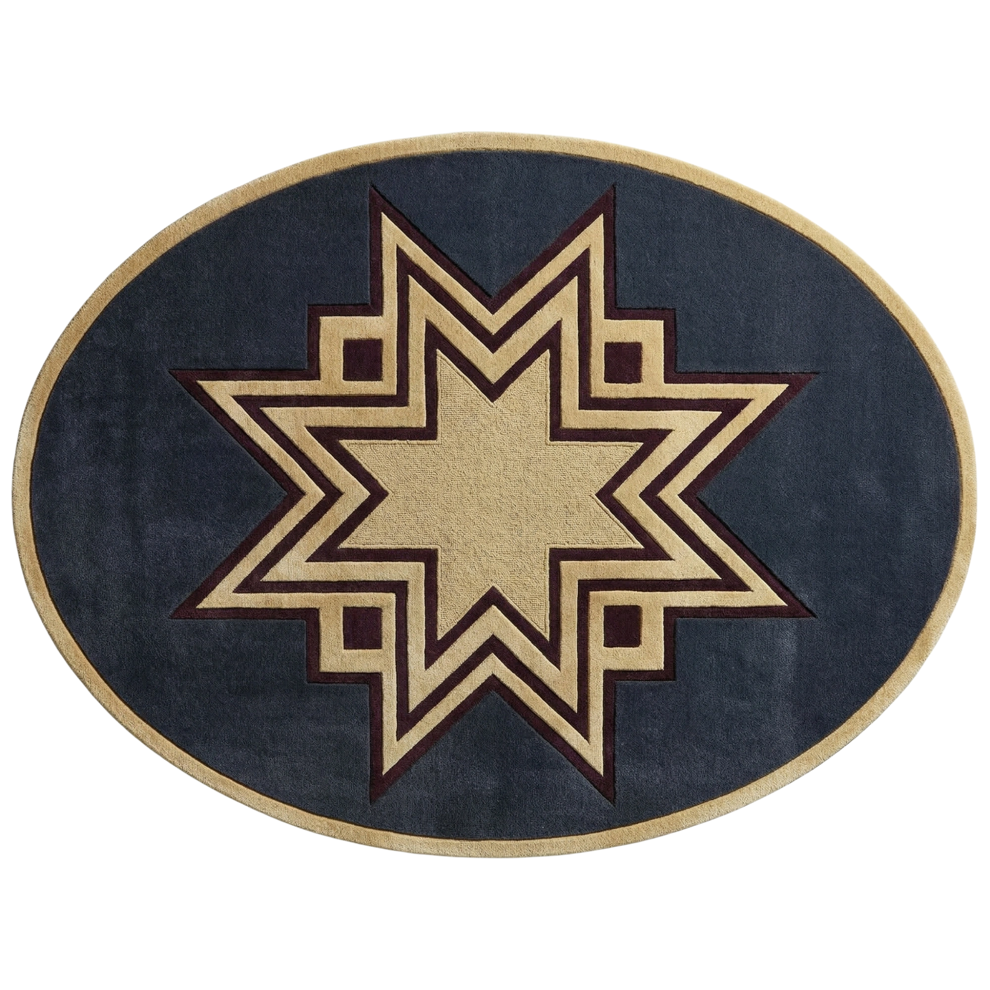 An oval area rug featuring a geometric star pattern in beige and dark brown on a navy blue background, isolated on a white background.
