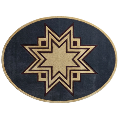 An oval area rug featuring a geometric star pattern in beige and dark brown on a navy blue background, isolated on a white background.