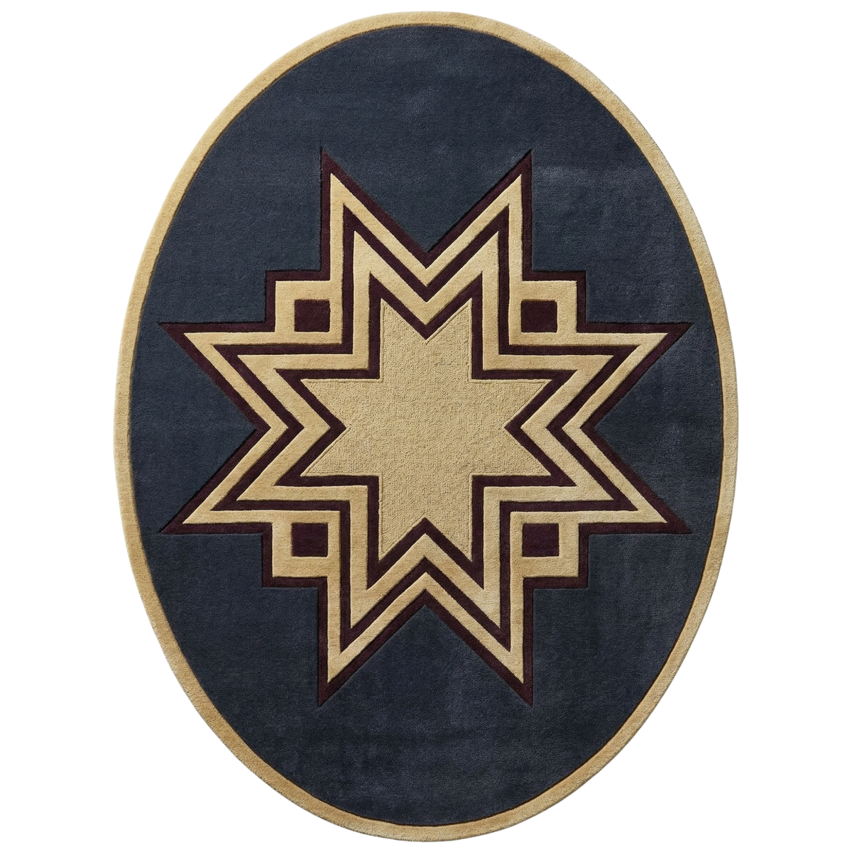 An oval area rug featuring a geometric star pattern in beige and dark brown on a navy blue background, isolated on a white background.