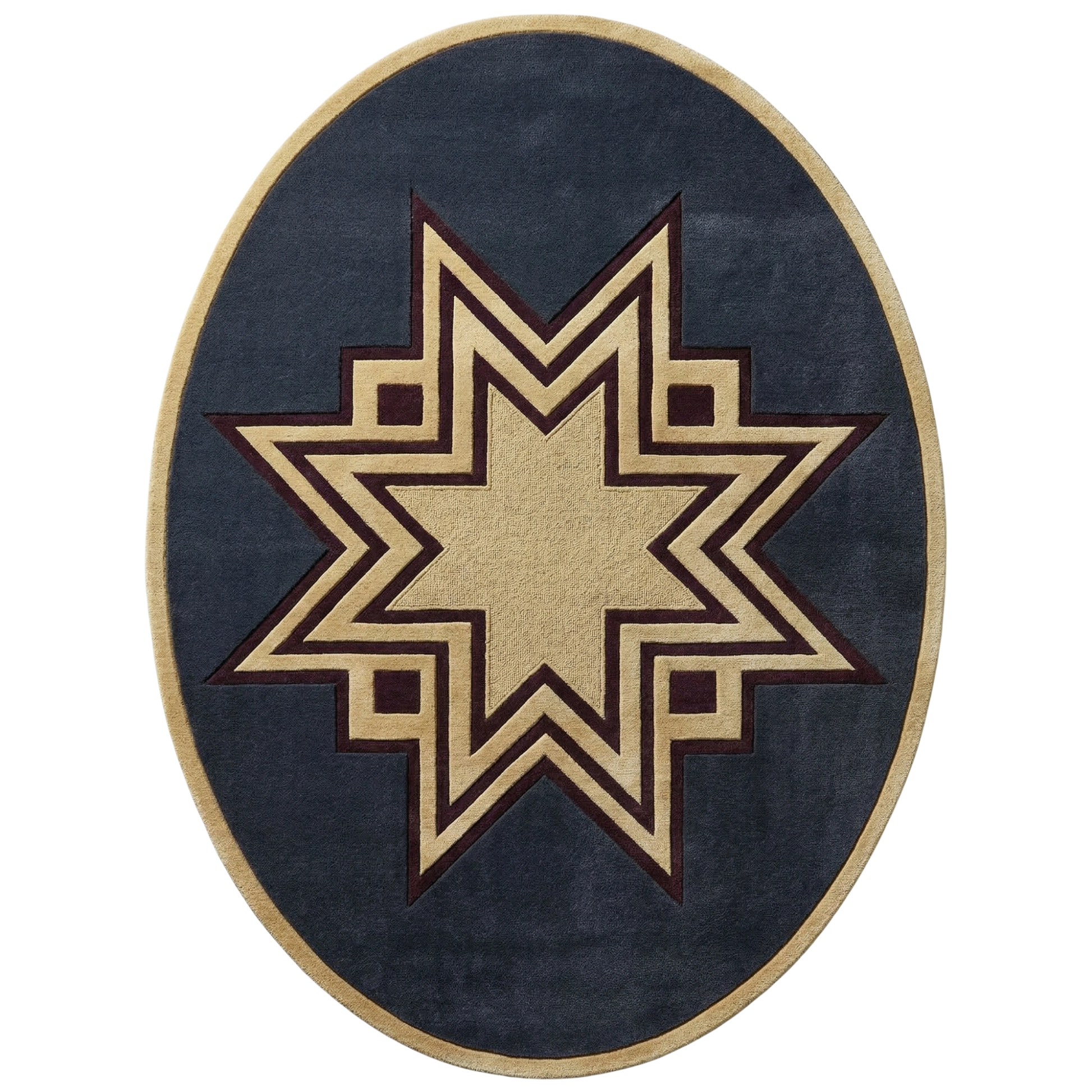 An oval area rug featuring a geometric star pattern in beige and dark brown on a navy blue background, isolated on a white background.