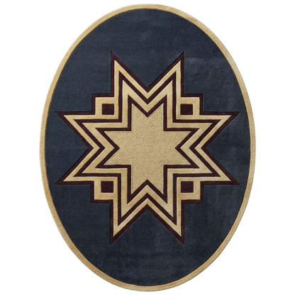 An oval area rug featuring a geometric star pattern in beige and dark brown on a navy blue background, isolated on a white background.