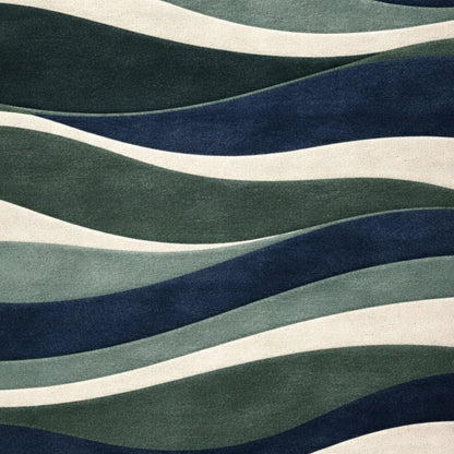 A close-up of a textured fabric or wallpaper featuring a wavy, layered pattern in navy blue, forest green, sage green, and cream.